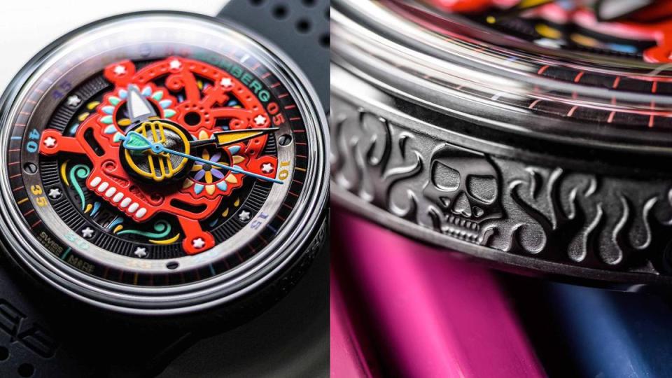 BB-01 Auto Mariachi Red Skull｜錶徑43mm／黑色PVD不鏽鋼錶殼／SW200自動上鏈機芯／時、分、秒、日期指示／防水50米／建議售價NT$ 57,800