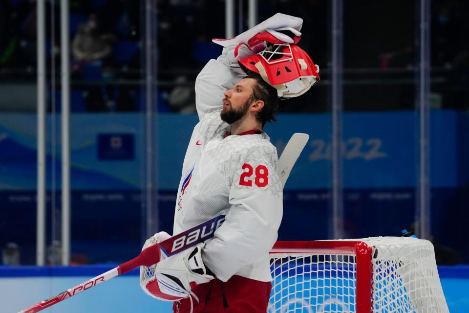 Russian Olympic Committee goalkeeper Ivan Fedotov (28) reacts after a goal by Finland's Hannes Bjorninen during the men's gold medal hockey game at the 2022 Winter Olympics, Sunday, Feb. 20, 2022, in Beijing. (AP Photo/Petr David Josek)