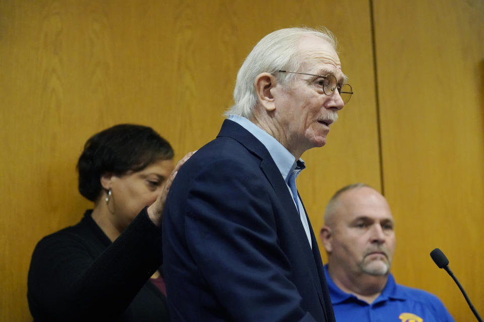 Walter Moak, father of slain Brookhaven Police Department Cpl. Zach Moak, speaks directly to his son's admitted killer Marquis Aaron Flowers, in the Lincoln County Circuit Court, moments after he plead guilty to first degree murder in the 2018 shooting deaths of two Brookhaven police officers including Moak, Wednesday morning, Nov. 3, 2021, in Brookhaven, Miss. Members of the officers' families addressed the court in emotional statements, asking for the maximum sentences to be imposed. (AP Photo/Rogelio V. Solis)