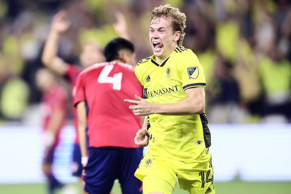 Aug 21, 2022; Nashville, Tennessee, USA;   Nashville SC midfielder Jacob Shaffelburg (14) celebrates his goal scored against FC Dallas in the first half of the match at Geodis Park.