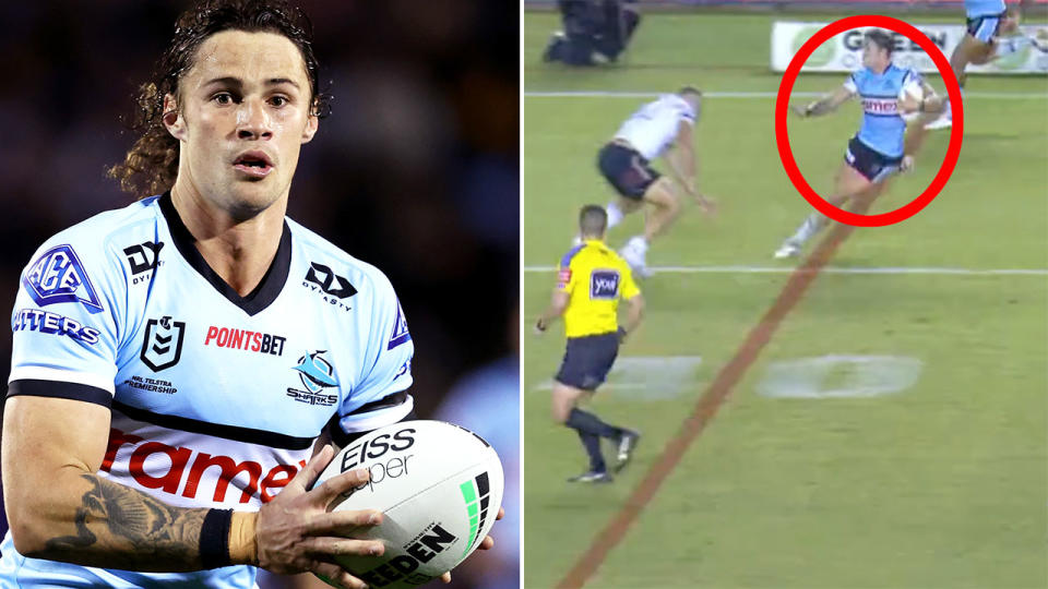 Seen here, Nicho Hynes playing in Cronulla's hard-fought win over the Roosters in round seven of the NRL. 