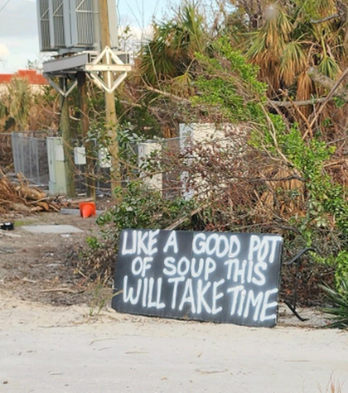 Spray-painted signs with uplifting messages sprung up on Sanibel Island following Hurricane Ian. The sentiment for rebuilding and restoration has remained strong, despite the damage and trauma.
