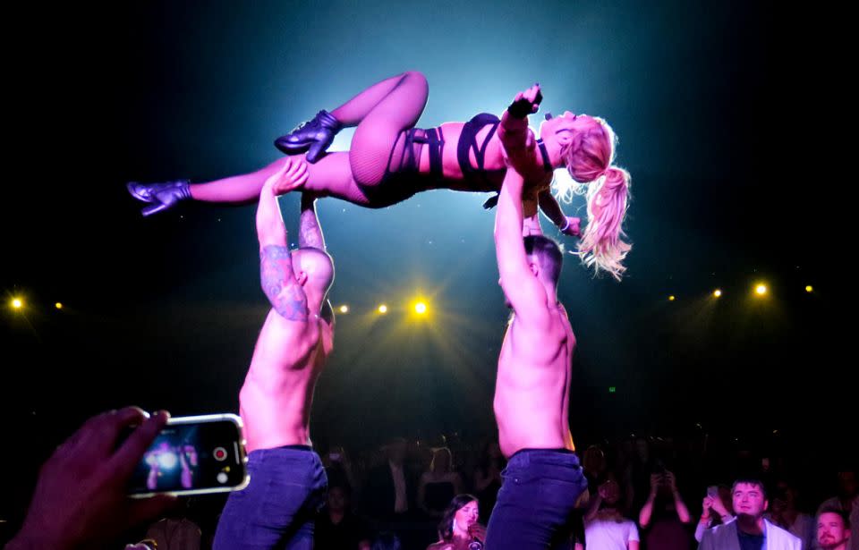 Britney is seen being lifted up by male back-up dancers at her final gig at AXIS, Planet Hollywood in Las Vegas. Source: Splash