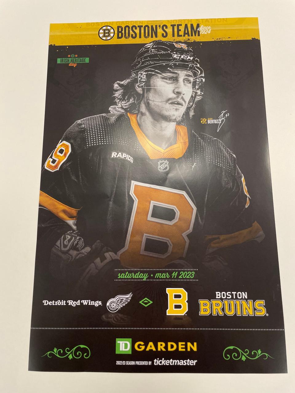Boston Bruins poster of former Detroit Red Wings forward Tyler Bertuzzi.