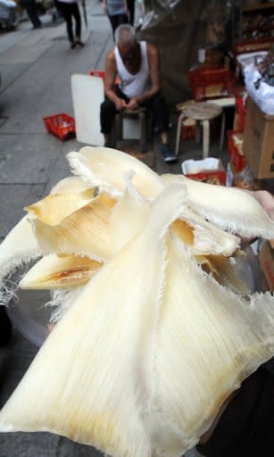 Shark fin are displayed outside a store in Hong Kong. Environmentalists say the sustainable shark fin industry is tiny and most shark products are harvested in a way that threatens shark species that are deemed vital to the health of the oceans