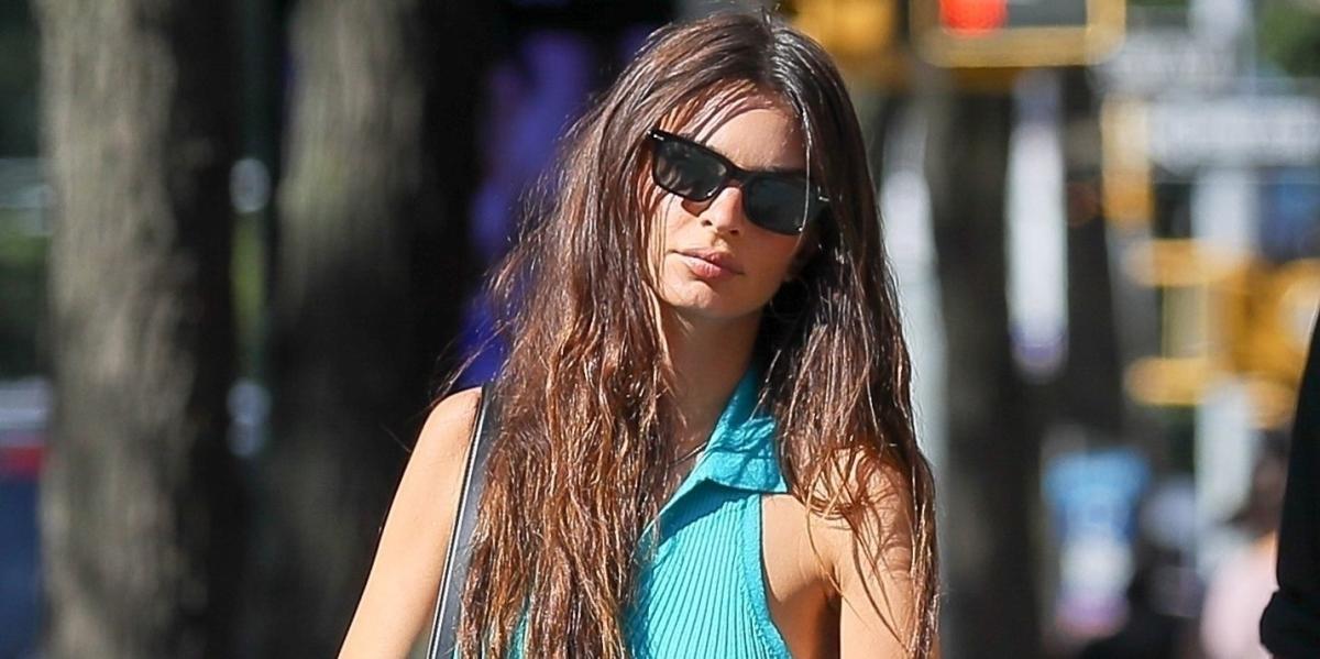 Emily Ratajkowski Walks Dog in Billowing Pants, Crop Top