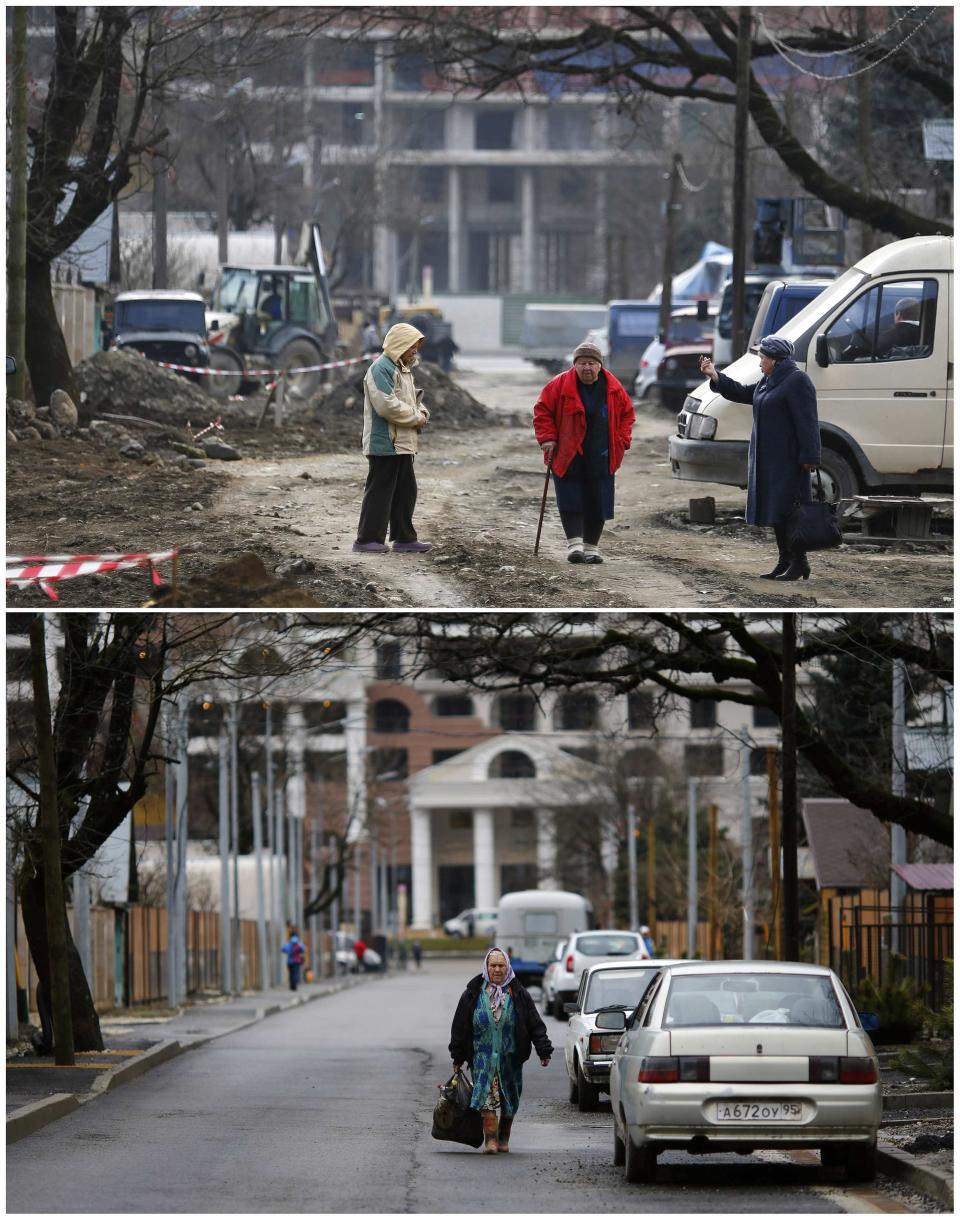 A combination of two pictures shows the development of construction within the last eleven months in the village of Krasnaya Polyana near Sochi