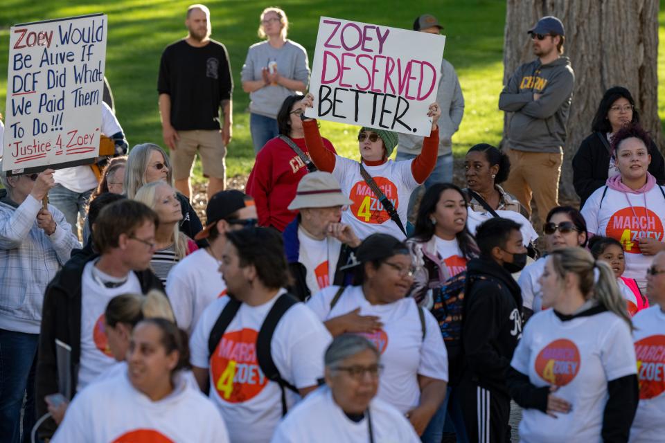 Protestors at the Kansas Statehouse in October demanded accountability from various people and entities, including DCF, after Mickel Cherry was charged with murder in the death of Zoey Felix. At that point, DCF wasn't legally allowed to discuss Zoey's case, but a new law signed Friday would reduce that delay in future cases.