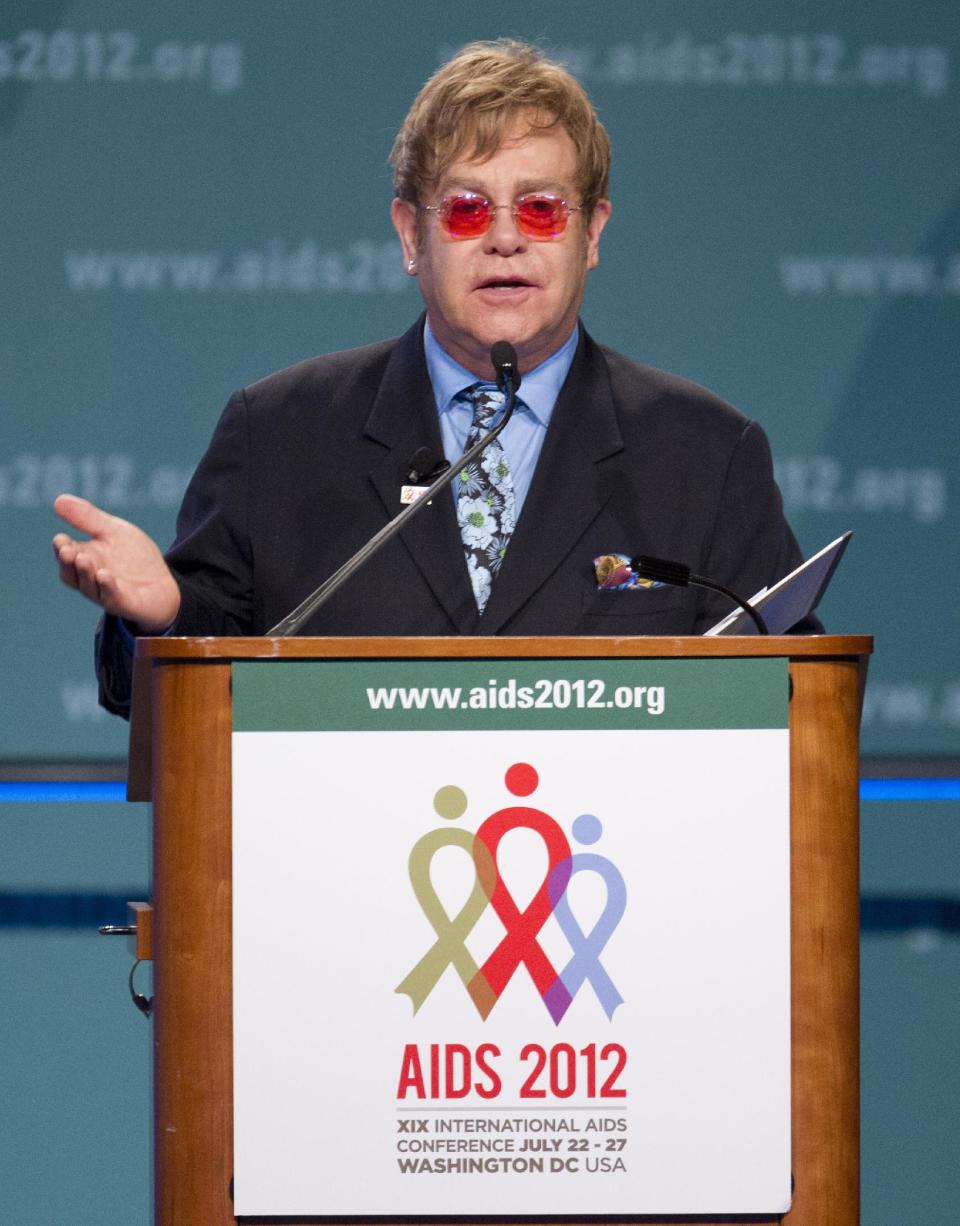 Sir Elton John speaks at the XIX International Aids Conference, Monday, July 23, 2012, in Washington. (AP Photo/Carolyn Kaster)