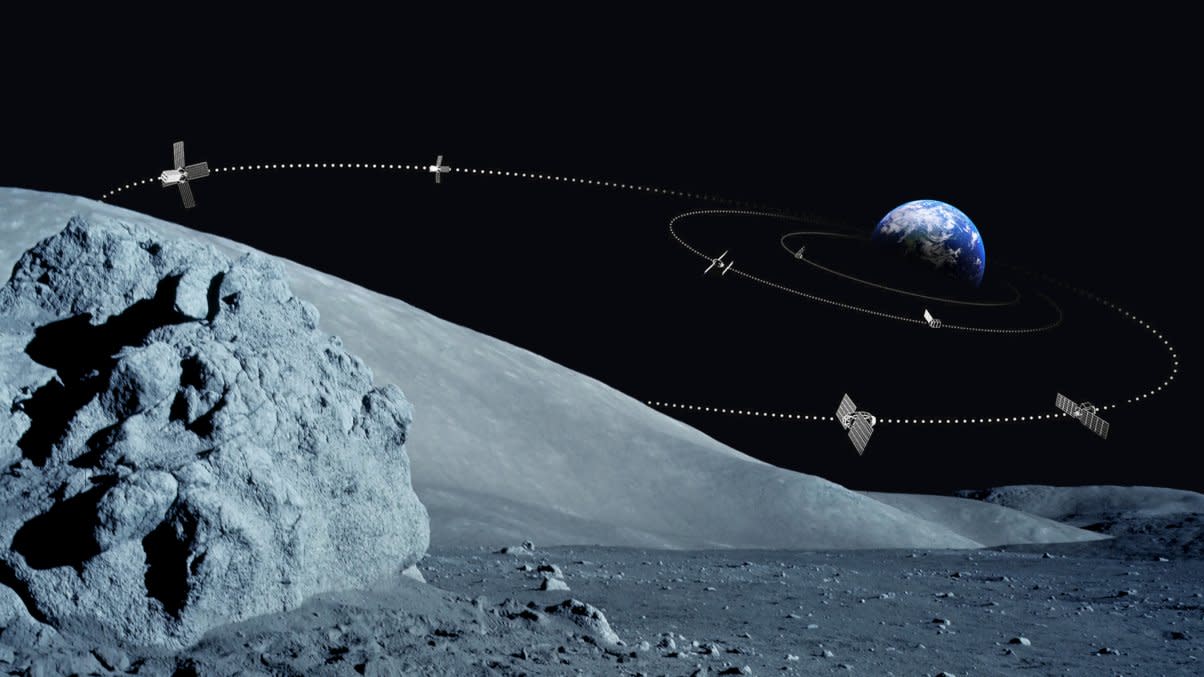  artist's impression of the lunar surface. a big boulder is in front. in the distance behind a hill you can see the earth. a timelapse shows a spacecraft leaving the hill of the moon, flying towards the earth, and then circling back again to the surface of the moon 