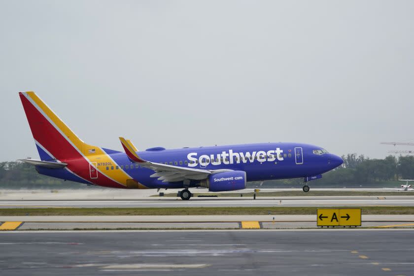 A Southwest Airlines Boeing 737 passenger plane takes off from Fort Lauderdale-Hollywood International Airport, Tuesday, April 20, 2021, in Fort Lauderdale, Fla. Southwest Airlines Co. on Thursday, April 22 reported first-quarter net income of $116 million, after reporting a loss in the same period a year earlier. The Dallas-based company said it had profit of 19 cents per share. (AP Photo/Wilfredo Lee)