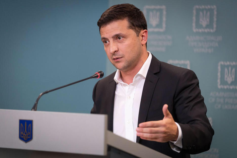 Ukrainian President Volodymyr Zelenskiy speaks to media during his press conference in Kyiv, Ukraine, Tuesday, Oct. 1, 2019. Ukraine on Tuesday signed much-anticipated accords with separatists from the country's east, Russia and European monitors that agree a local election can be held in separatist-controlled territory, paving the way for peace talks with Moscow. (Ukrainian Presidential Press Office via AP)