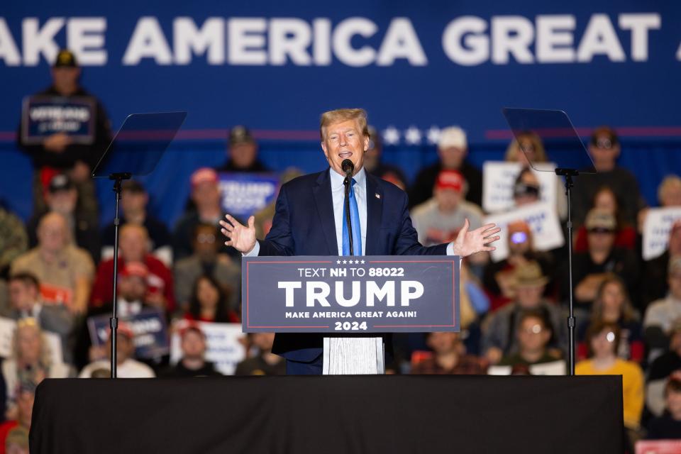 Republican presidential candidate former President Donald Trump delivers remarks during a campaign event on November 11, 2023 in Claremont, New Hampshire. The defense is scheduled to start presenting its case on Monday in Trump's fraud case.