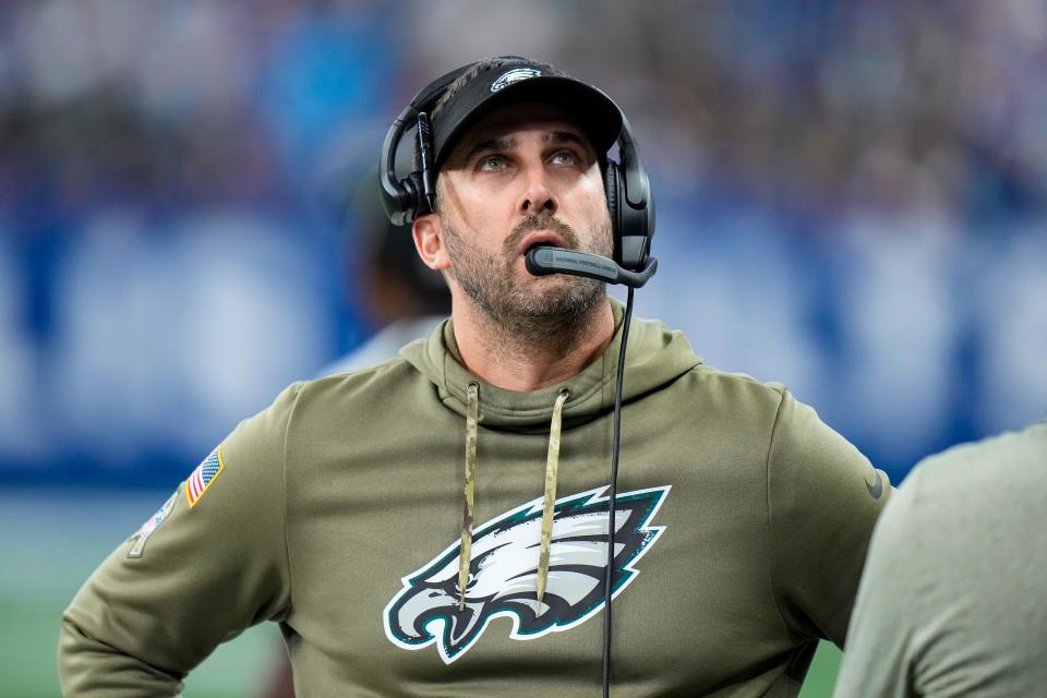 Philadelphia Eagles head coach Nick Sirianni check the replay screen in the second half of an NFL football game against the Indianapolis Colts in Indianapolis, Fla., Sunday, Nov. 20, 2022. (AP Photo/AJ Mast)