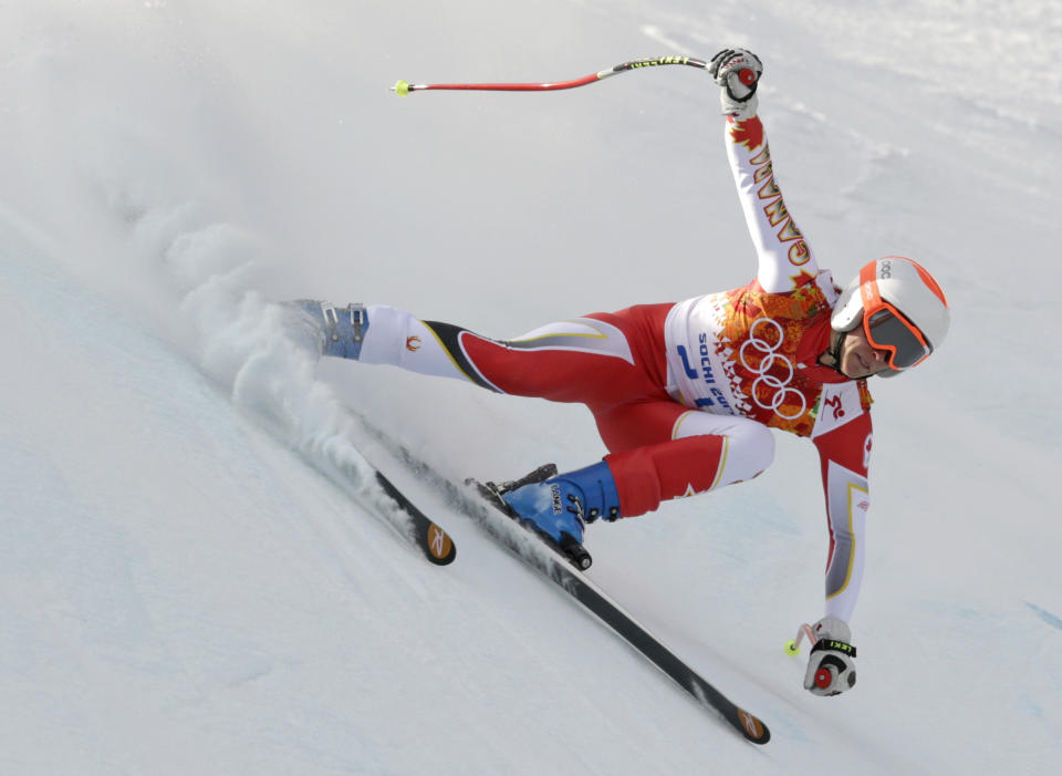 Canada's Marie-Michele Gagnon makes a turn during the downhill portion of the women's supercombined at the Sochi 2014 Winter Olympics, Monday, Feb. 10, 2014, in Krasnaya Polyana, Russia. (AP Photo/Charles Krupa)