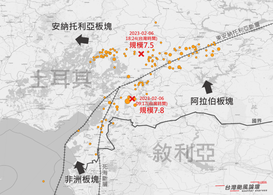 土耳其位於阿拉伯板塊、安納托利亞板塊及非洲板塊的交界處。   圖：取自《台灣颱風論壇》臉書