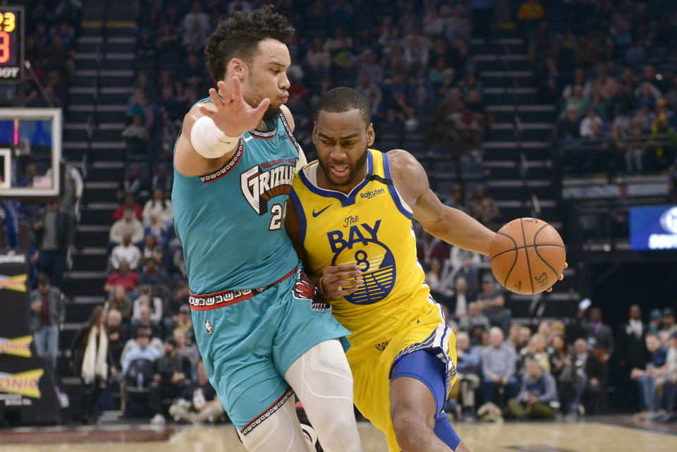 Golden State Warriors guard Alec Burks (8) drives against Memphis Grizzlies guard Dillon Brooks in the first half of an NBA basketball game Sunday, Jan. 12, 2020, in Memphis, Tenn. (AP Photo/Brandon Dill)