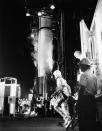 FILE - In this May 5, 1961 file photo, astronaut Alan Shepard arrives at the launching pad in Cape Canaveral, Fla., to board a Mercury-Redstone rocket. Freedom 7 was the first American manned suborbital space flight, making Shepard the first American in space. (AP Photo)