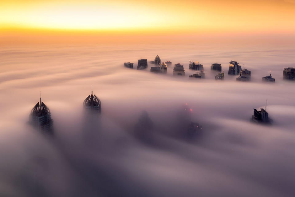 Thick fog covers Dubai skyline