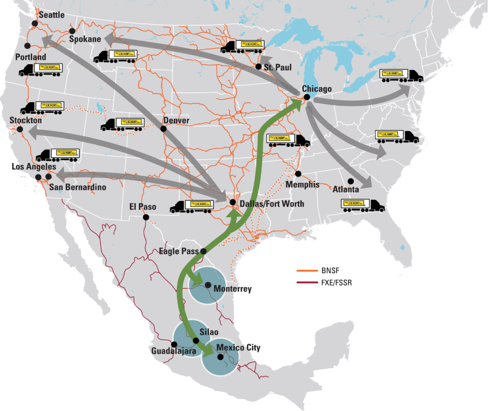 The green-highlighted arrows show the origins and destinations of intermodal service that J.B. Hunt, BNSF and GMXT will offer starting Jan. 1. (Image: BNSF and J.B. Hunt)