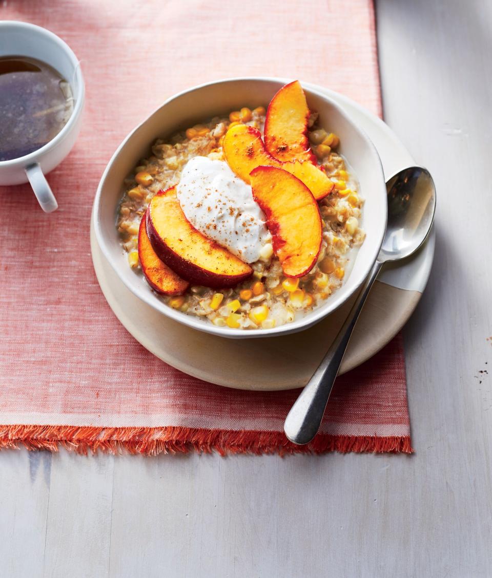 Sweet Corn Oatmeal with Peaches