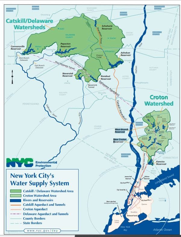 This map shows the NYC Department of Environmental Protection water supply system. The meandering Delaware River at left outlines the eastern borders of Wayne and Pike counties, Pennsylvania.