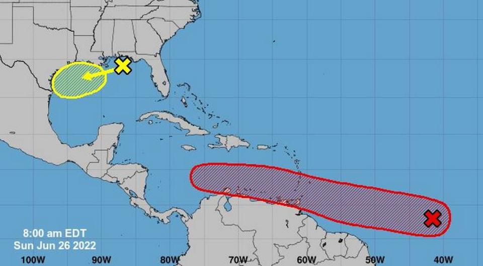 The regional Sunday, June 26, 8 a.m. map shows the predicted five-day paths of the two disturbances being followed by the National Hurricane Center