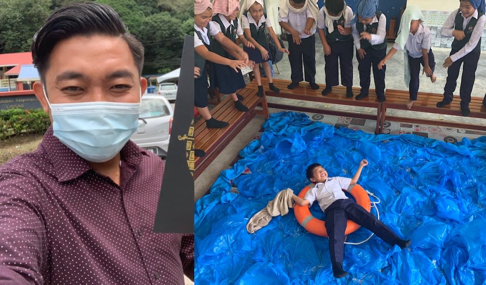 The ‘pool’ was made out of several blue plastic bags that Muhammad Nazmi had lying around at home. — Pictures from Twitter/chuckee_little