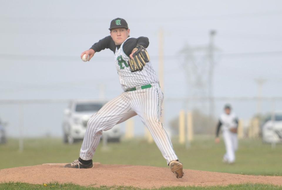 Huntington pitcher Dalton Black on the mound during the Huntsmen's 1-0 win over Westfall at Westfall High School on April 24, 2023.