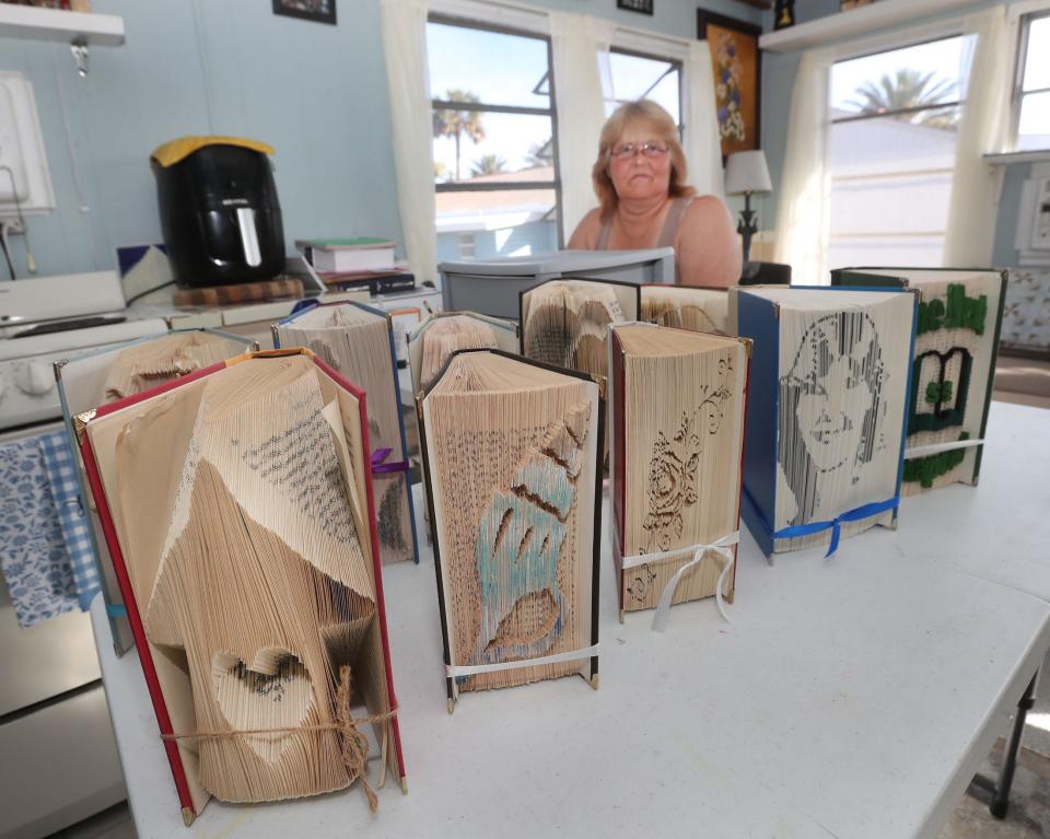 Sandra Kissinger has a talent for turning old books into art. She's hoping to make a little money with the artistic hobby to supplement her meager $16,000 per year income.