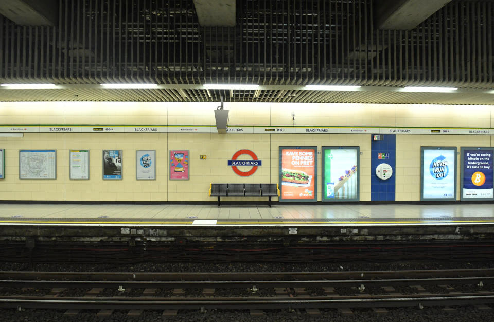 An empty platform at Blackfriars tube station in central London. Prime Minister Boris Johnson cancelled Christmas for almost 18 million people across London and eastern and south-east England following warnings from scientists of the rapid spread of the new variant of coronavirus. (Photo by Dominic Lipinski/PA Images via Getty Images)