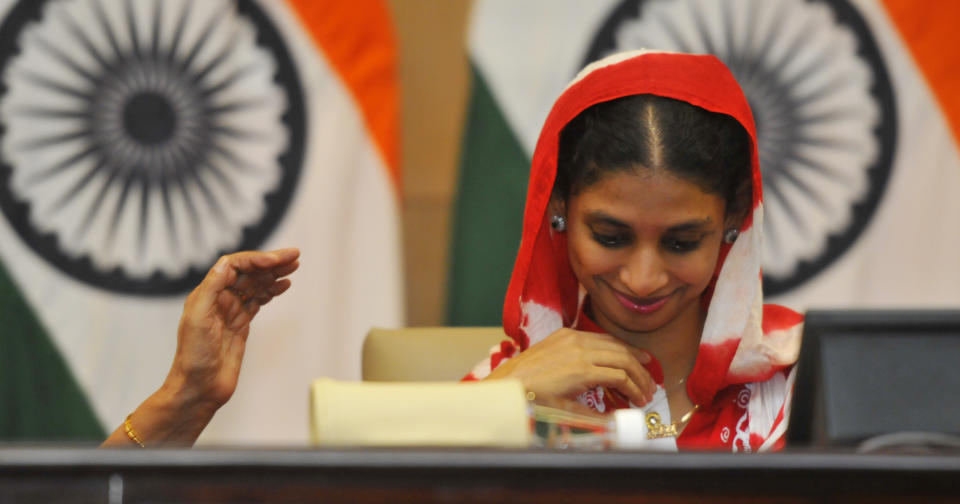 File Photo: 'Geeta' during a press conference on October 26, 2015 in New Delhi. (Photo by Vipin Kumar/Hindustan Times via Getty Images)