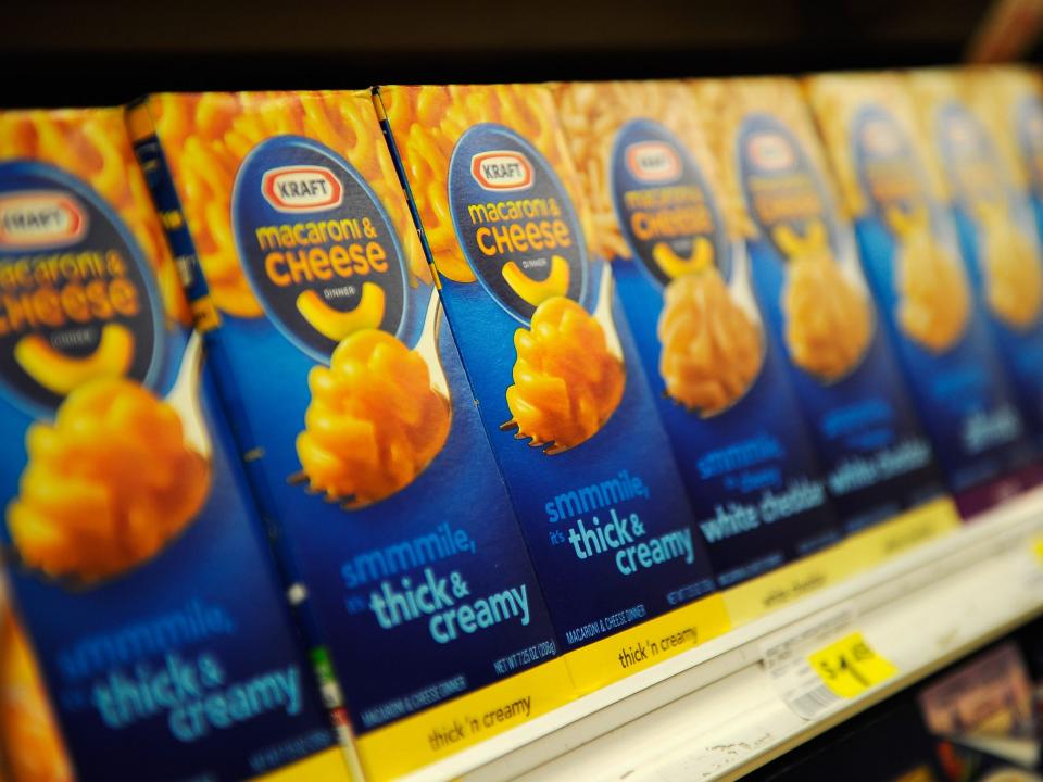 Kraft macaroni and cheese boxes in a store