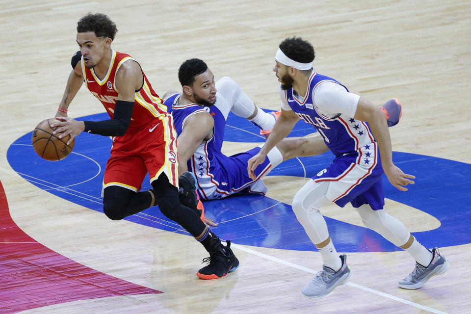 Trae Young and the Hawks left Philly flat on its back. (Photo by Tim Nwachukwu/Getty Images)