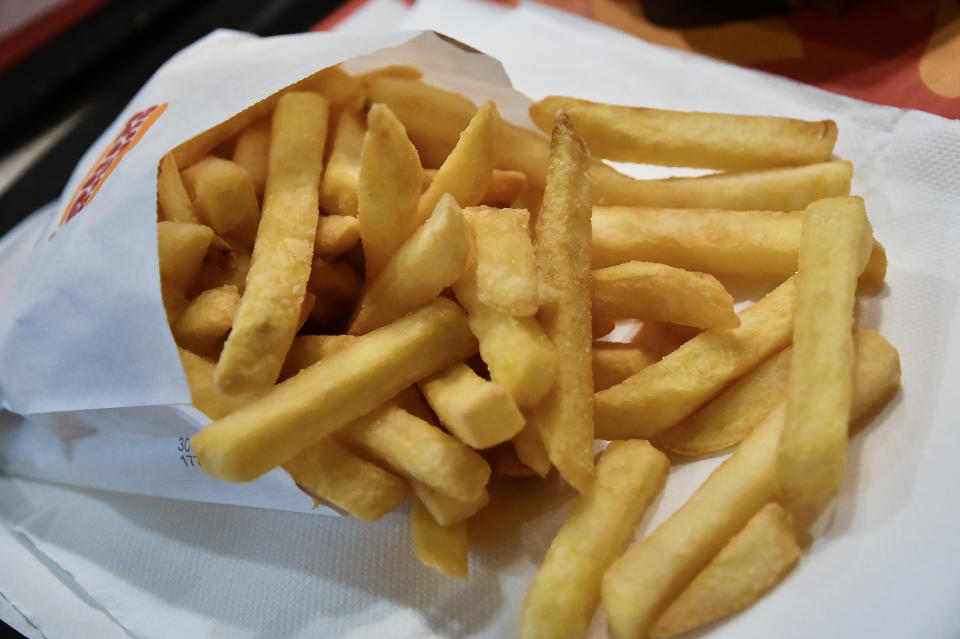 TURIN, ITALY – JULY 13: General view of a close-up of French fries by Burger King on July 13, 2023 in Turin, Italy. In observance of World French Fries Day which is celebrated annually on July 13. (Photo by Stefano Guidi/Getty Images)