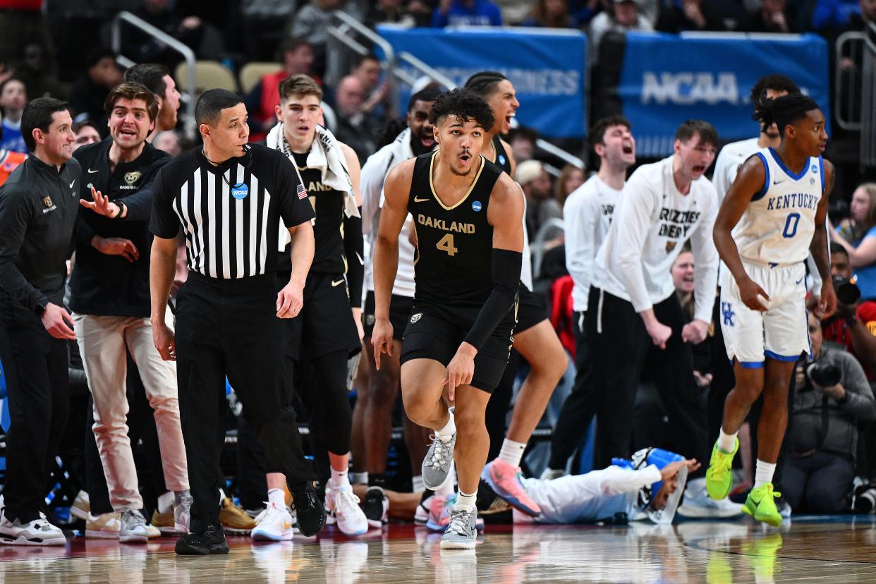 Oakland forward Trey Townsend reacts during the second half of his team's upset of Kentucky during the first round of the NCAA men's tournament at PPG Paints Arena on March 21, 2024 in Pittsburgh.