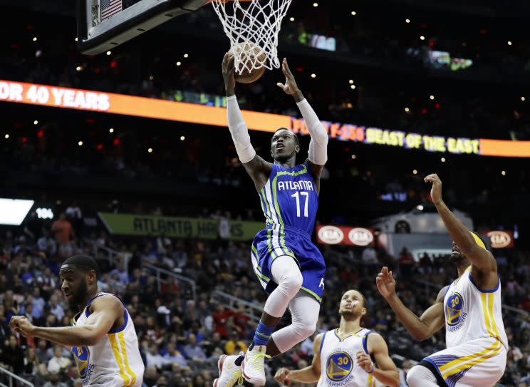 Dennis Schröder scores before his benching on Monday. (AP)