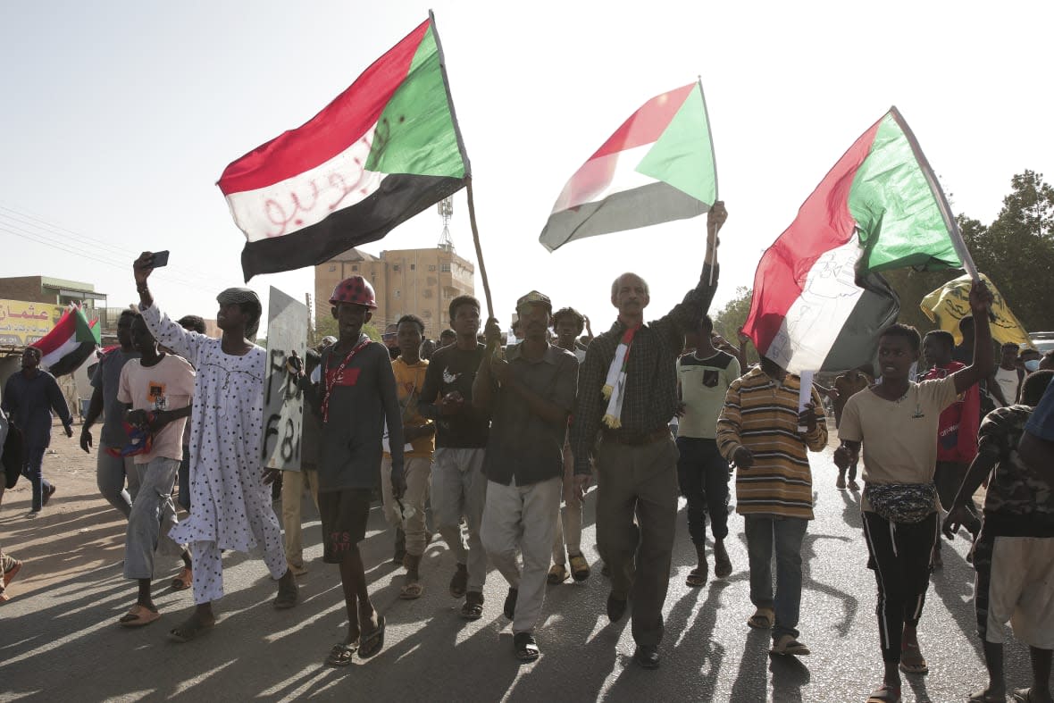 Sudanese protesters take part in a rally against military rule on the anniversary of previous popular uprisings, in Khartoum, Sudan, Thursday, April 6, 2023. (AP Photo/ Marwan Ali)(AP Photo/Marwan Ali)