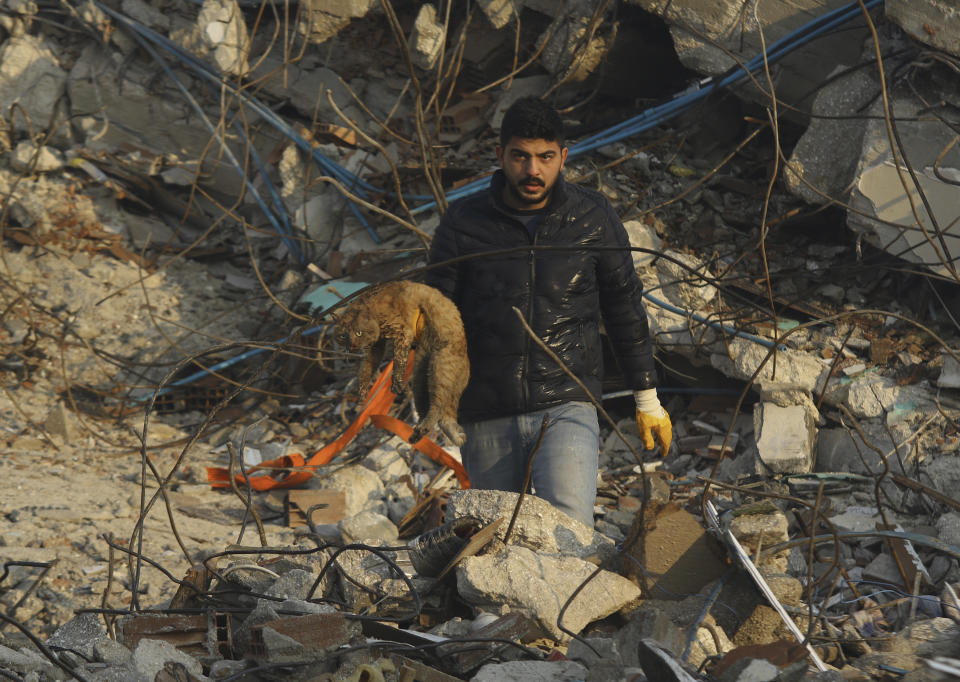 A man holds a shocked and tired cat he rescued from the ruble of a collapsed building in Hatay city center, southern Turkey, Thursday, Feb. 9, 2023. Thousands who lost their homes in a catastrophic earthquake huddled around campfires and clamored for food and water in the bitter cold, three days after the temblor and series of aftershocks hit Turkey and Syria. ( IHA via AP)