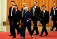 BEIJING, CHINA - MAY 4: U.S. Treasury Secretary Timothy Geithner (2nd L), Secretary of State Hillary Clinton (C) and Ambassador to China Gary Locke (2nd R) arrives at the Great Hall of the People before a meeting with China's President Hu Jintao (not seen) on May 4, 2012 in Bejing, China. Gary Locke, Secretary Clinton, Treasury Secretary Timothy F. Geithner attended a fourth joint meeting of the U.S.-China Strategic and Economic Dialogue with Chinese officials. (Photo by Jason Lee-Pool/Getty Images)