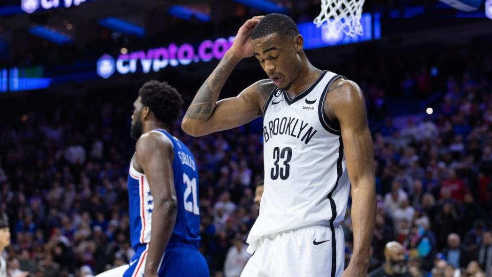 Jan 25, 2023;  Philadelphia, Pennsylvania, USA;  Brooklyn Nets center Nic Claxton (33) reacts after a Philadelphia 76ers score during the fourth quarter at Wells Fargo Center.