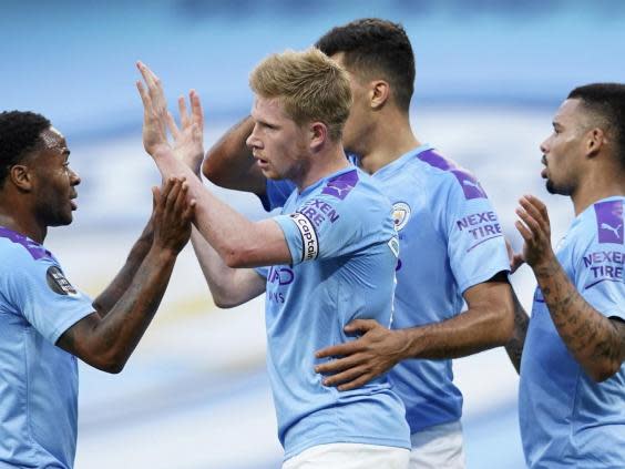 Manchester City’s Kevin De Bruyne is congratulated by team-mates (AP)