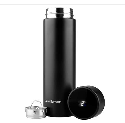 Redlemon Termo Inteligente con Lector de Temperatura Digital Táctil (480 ml), Doble Pared de Acero Inoxidable Libre de BPA, Tapa Hermética, Rejilla para Infusiones, Mantiene Caliente hasta 6 Horas/Amazon.com.mx