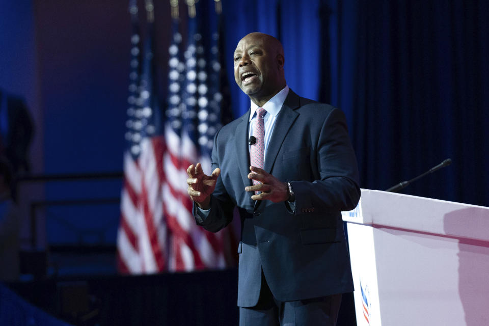 Republican presidential candidate Sen. Tim Scott, R-S.C., speaks during the Faith and Freedom Coalition Policy Conference in Washington, Friday, June 23, 2023. (AP Photo/Jose Luis Magana)