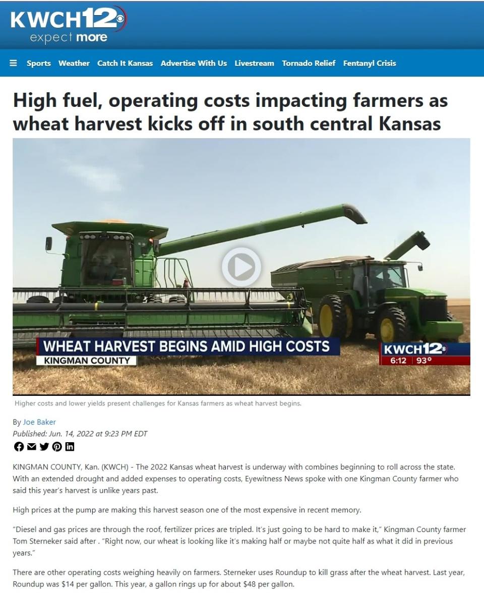 Screenshot of KWCH12 article, "High fuel, operating costs impacting farmers as wheat harvest kicks off in south central Kansas"