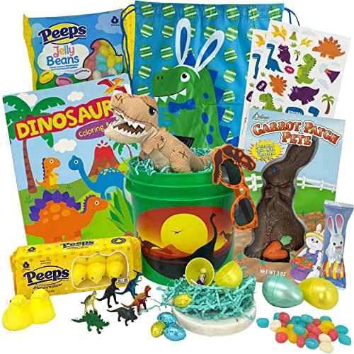 Dinosaur Easter Gift Basket For Kids, Boys, Girls - Filled with Easter Eggs, Candy, Chocolate - Great Easter Care Package for Family and Friends