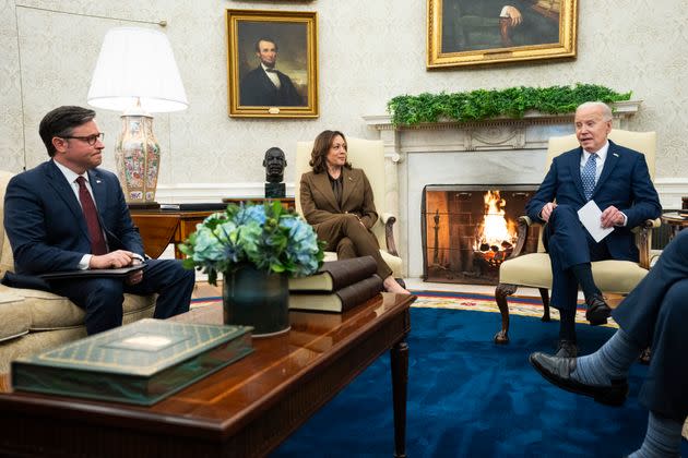 President Joe Biden has signed a foreign aid package for Ukraine and Israel. Above, he meets in February with (from left) Speaker of the House Mike Johnson and Vice President Kamala Harris at the White House.