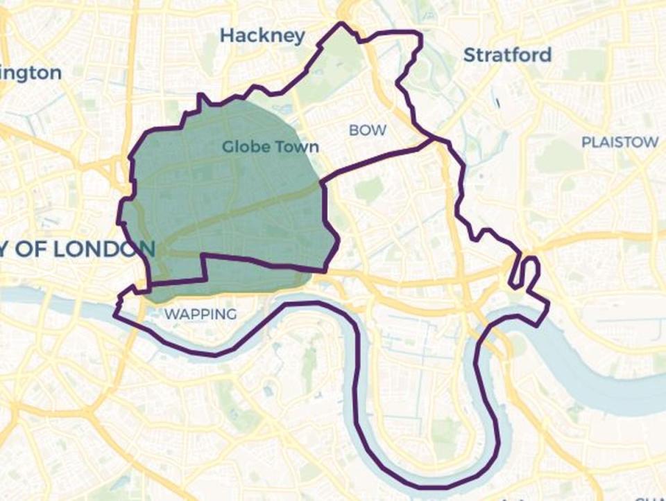 Bethnal Green and Stepney constituency map: Purple shaded area: current constituency boundary. Green outlines new constituency boundaries (© OPENSTREETMAP CONTRIBUTORS | © CARTO)