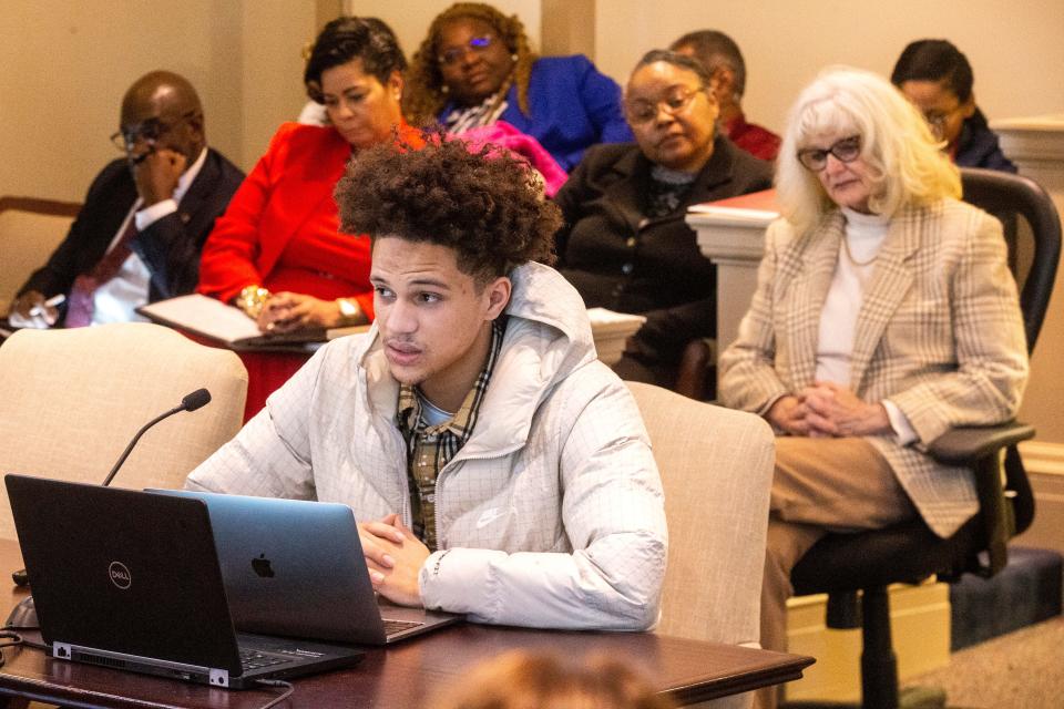 Micaih Lloyd, 18, majoring in Criminal Justice at Delaware State University, testifies at DSU's state budget hearing at Legislative Hall in Dover, Thursday, Feb. 2, 2023.