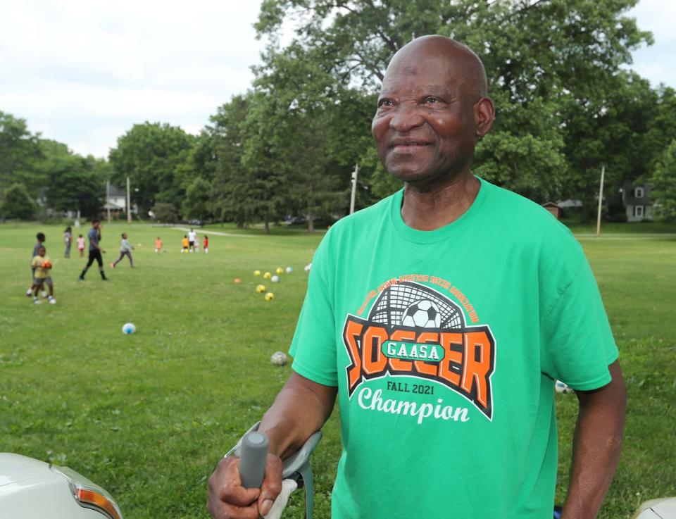 Dele Olabisi, one of the founders of Akron Inner City Soccer Club during the 15th annual free summer soccer camp put on by the Akron Inner City Soccer Club at Hardesty Park in Akron on Monday.